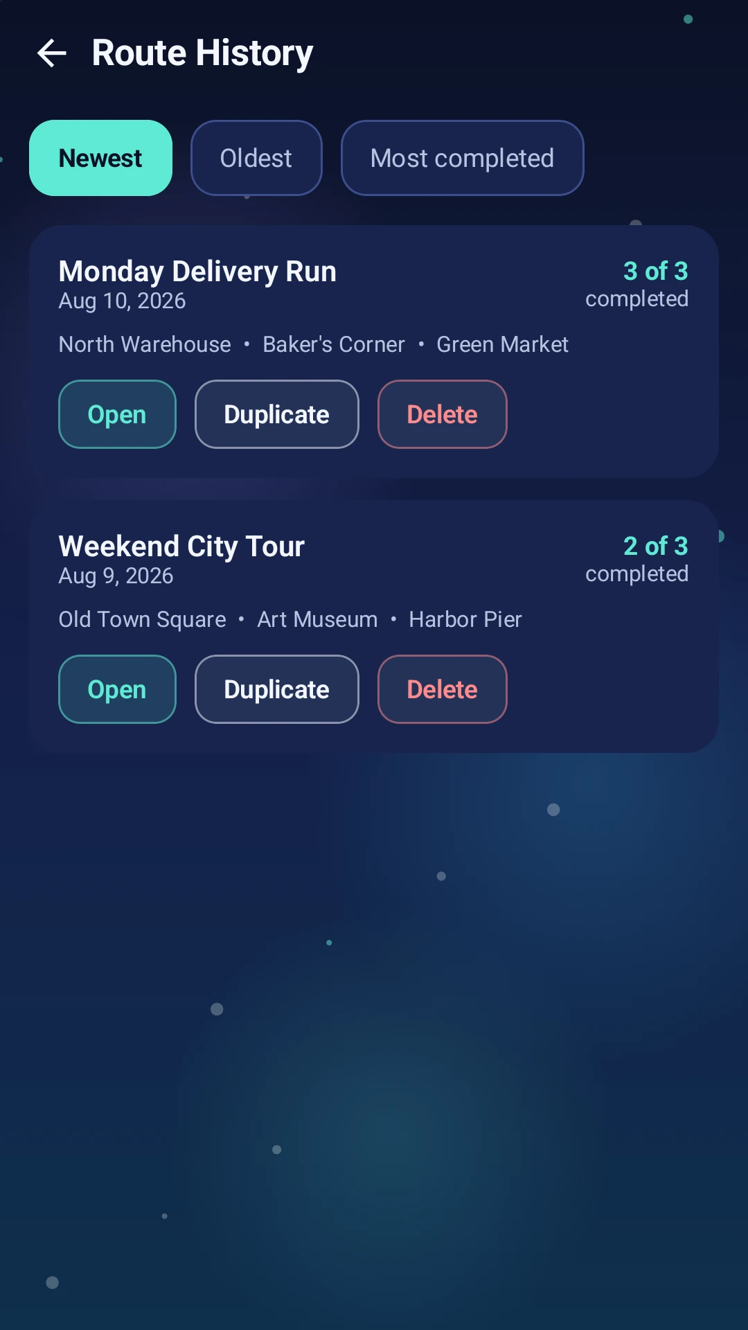 Route history screen