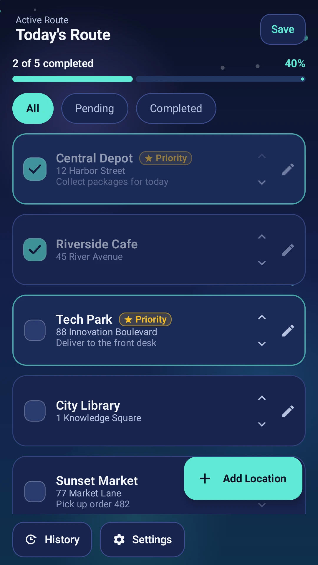 Route Checklist active route screen